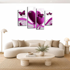 LR Butterfly Heart Wall Art Picture – Purple & White Floral Abstract Framed 4 Panel Split Canvas Print | Ready to Hang | Modern Wall Art for Living Room, Bedroom & Office