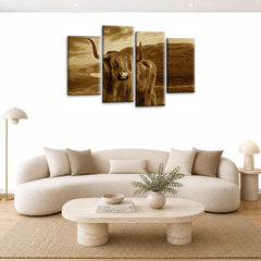 LR Large Highland Cattle Wall Art Picture Framed 4 Panel Split Canvas Print | Ready to Hang | Modern Wall Art for Living Room, Bedroom & Office
