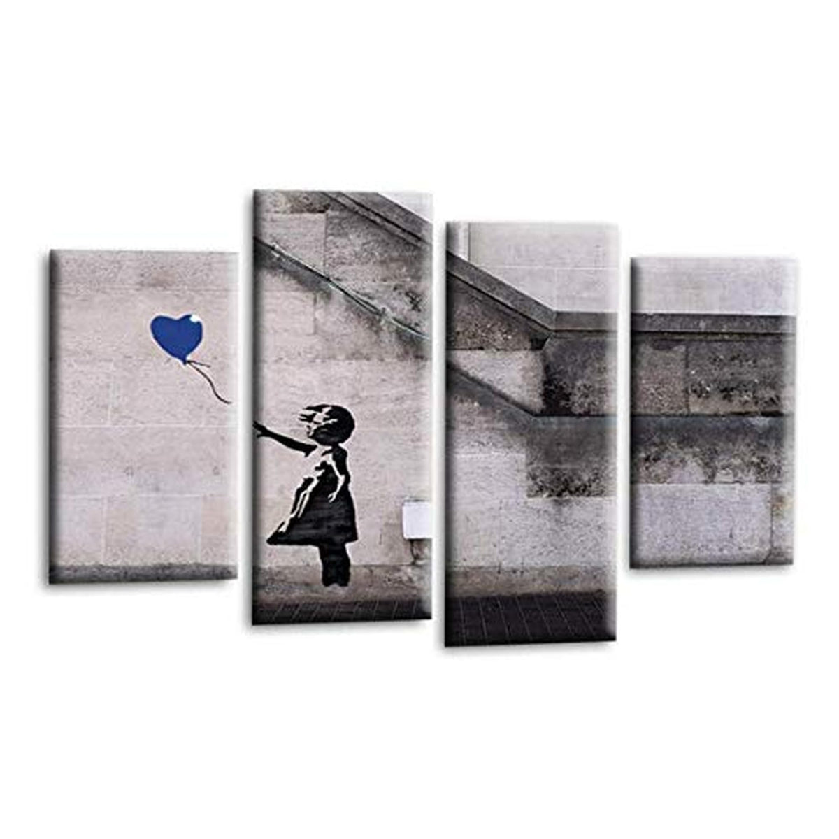 LR Banksy Heart Wall Art Picture – Grey & Blue Graffiti Art Framed 4 Panel Split Canvas Print | Ready to Hang | Modern Wall Art for Living Room, Bedroom & Office