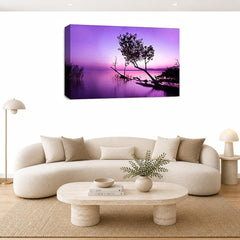 LR Seascape Landscape Sunset Wall Art Picture – Purple & Grey Framed Canvas Print | Ready to Hang | Modern Wall Art for Living Room, Bedroom & Office