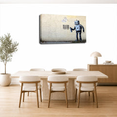 LR Banksy Robot Wall Art Picture – Grey & White Graffiti Art Framed Canvas Print | Ready to Hang | Modern Wall Art for Living Room, Bedroom & Office