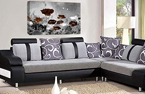LR Floral Wall Art Print Brown White Chinese Poppy Flower Love Canvas Picture Framed Ready to Hang
