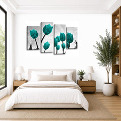 LR Floral Rose Tulip Wall Art Picture – Grey & Teal Framed 4 Panel Split Canvas Print | Ready to Hang | Modern Wall Art for Living Room, Bedroom & Office