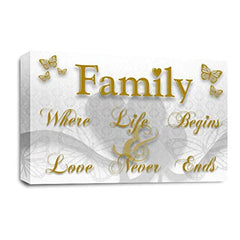 LR Family Love Quote Wall Art Picture – Gold & White Framed Canvas Print | Ready to Hang | Modern Wall Art for Living Room, Bedroom & Office
