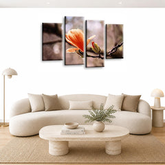 LR Floral Rose Wall Art Picture – Grey & Orange Framed 4 Panel Split Canvas Print | Ready to Hang | Modern Wall Art for Living Room, Bedroom & Office