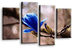 LR Floral Wall Art Picture – Grey & Blue Framed 4 Panel Split Canvas Print | Ready to Hang | Modern Wall Art for Living Room, Bedroom & Office