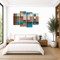 LR Teal Abstract Wall Art Picture – Cream Modern Framed 4 Panel Split Canvas Print | Ready to Hang | Modern Wall Art for Living Room, Bedroom & Office
