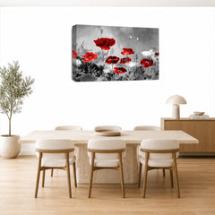 LR Grey Floral Wall Art Picture – Red & White Poppy Framed Canvas Print | Ready to Hang | Modern Wall Art for Living Room, Bedroom & Office
