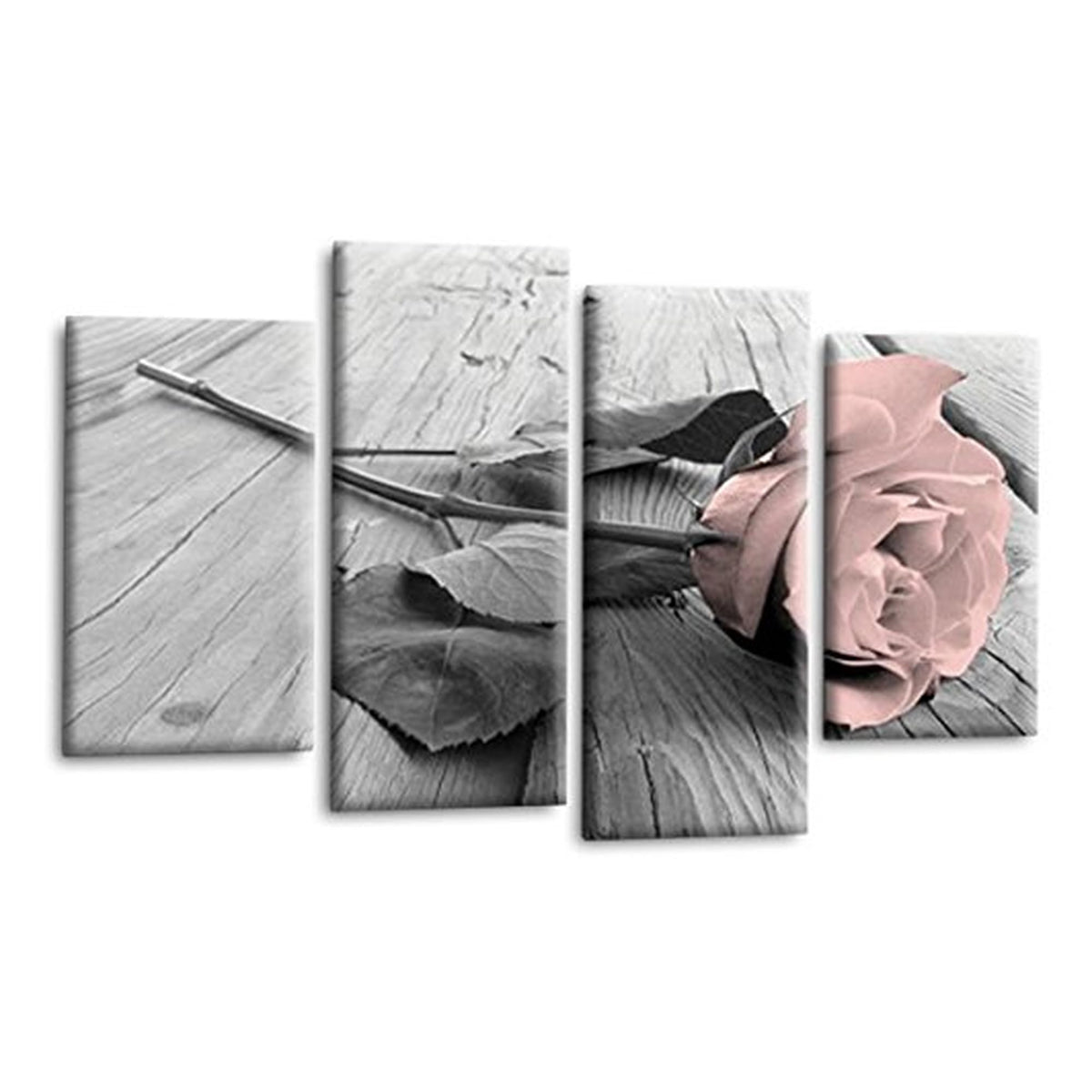 LR Floral Pink Rose Wall Art Picture – Grey & White Framed 4 Panel Split Canvas Print | Ready to Hang | Modern Wall Art for Living Room, Bedroom & Office