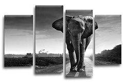 LR Elephant Sunset Wall Art Picture Grey White Animal Africa Framed Split Canvas Print Ready to Hang