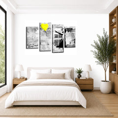 LR Banksy Heart Wall Art Picture – Grey & Yellow Graffiti Art Framed 4 Panel Split Canvas Print | Ready to Hang | Modern Wall Art for Living Room, Bedroom & Office