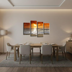 LR Sunset Beach Wall Art Picture – Grey & Orange Seascape Framed 4 Panel Split Canvas Print | Ready to Hang | Modern Wall Art for Living Room, Bedroom & Office