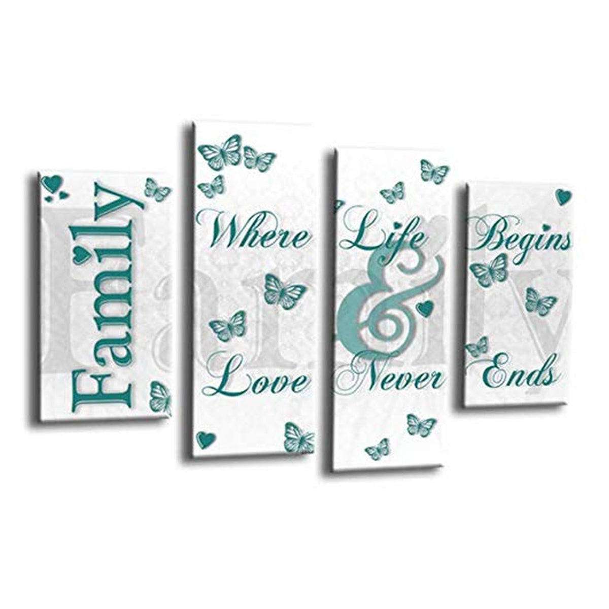 LR Family Love Quote Wall Art Picture – Teal & White Framed 4 Panel Split Canvas Print | Ready to Hang | Modern Wall Art for Living Room, Bedroom & Office
