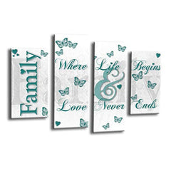 LR Family Love Quote Wall Art Picture – Teal & White Framed 4 Panel Split Canvas Print | Ready to Hang | Modern Wall Art for Living Room, Bedroom & Office