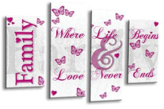 LR Family Love Quote Wall Art Picture – Pink & White Framed 4 Panel Split Canvas Print | Ready to Hang | Modern Wall Art for Living Room, Bedroom & Office