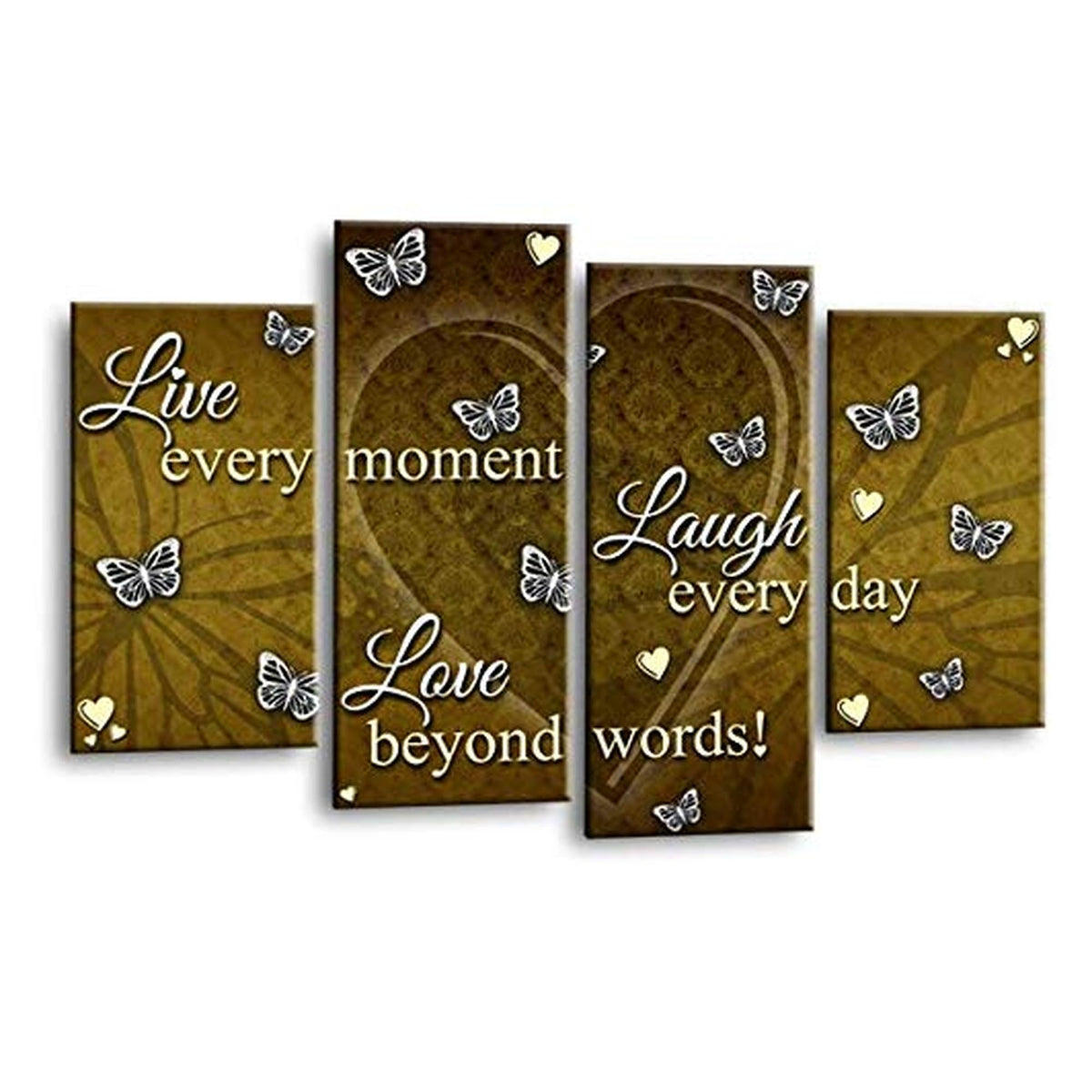 LR Live Laugh Wall Art Picture – Cream & Brown Love Quote Framed 4 Panel Split Canvas Print | Ready to Hang | Modern Wall Art for Living Room, Bedroom & Office