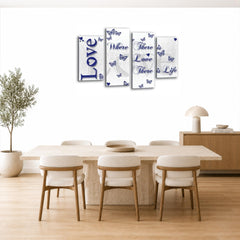 LR Love Wall Art Picture – Blue & White Quote Framed 4 Panel Split Canvas Print | Ready to Hang | Modern Wall Art for Living Room, Bedroom & Office