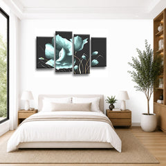 LR Floral Rose Wall Art Picture – Duck Egg Framed 4 Panel Split Canvas Print | Ready to Hang | Modern Wall Art for Living Room, Bedroom & Office