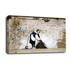 LR Banksy Maid Sweeping Wall Art Picture – Graffiti Art Framed Canvas Print | Ready to Hang | Modern Wall Art for Living Room, Bedroom & Office