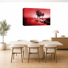 LR Seascape Landscape Sunset Wall Art Picture – Grey & Red Framed Canvas Print | Ready to Hang | Modern Wall Art for Living Room, Bedroom & Office