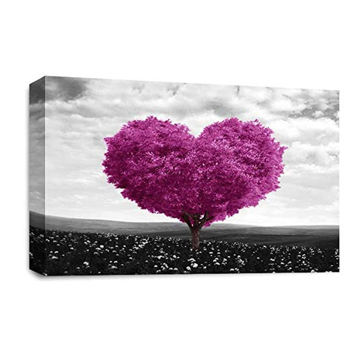 LR Floral Love Heart Tree Wall Art Picture – Purple, Grey & Plum Framed Canvas Print | Ready to Hang | Modern Wall Art for Living Room, Bedroom & Office