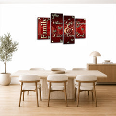 LR Family Love Quote Wall Art Picture – Red & Cream Framed 4 Panel Split Canvas Print | Ready to Hang | Modern Wall Art for Living Room, Bedroom & Office