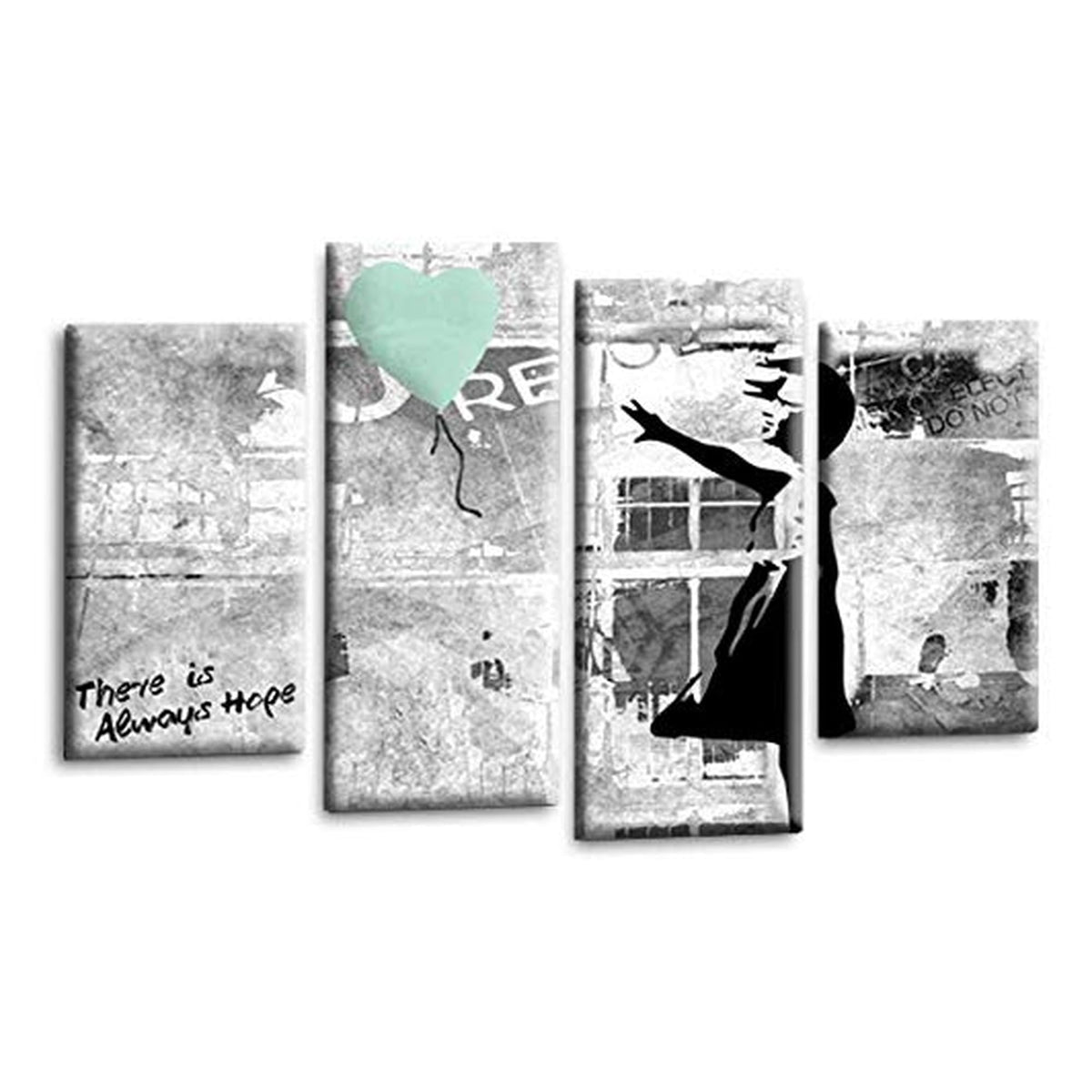 LR Banksy Heart Wall Art Picture – Grey & Duck Egg Graffiti Art Framed 4 Panel Split Canvas Print | Ready to Hang | Modern Wall Art for Living Room, Bedroom & Office
