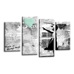 LR Banksy Heart Wall Art Picture – Grey & Duck Egg Graffiti Art Framed 4 Panel Split Canvas Print | Ready to Hang | Modern Wall Art for Living Room, Bedroom & Office