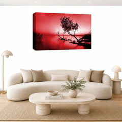 LR Seascape Landscape Sunset Wall Art Picture – Grey & Red Framed Canvas Print | Ready to Hang | Modern Wall Art for Living Room, Bedroom & Office
