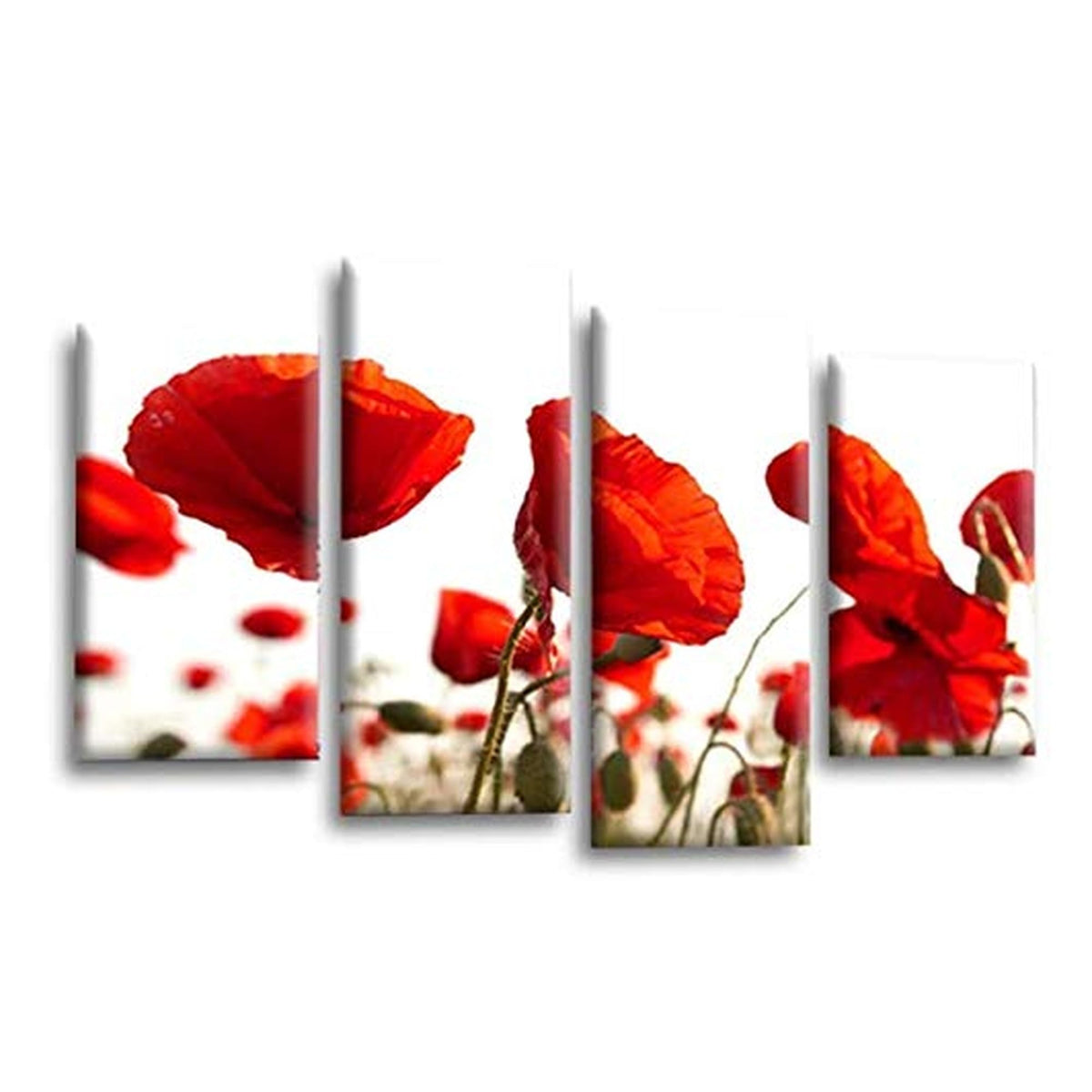 LR Floral Rose Poppy Wall Art Picture – Red & White Framed 4 Panel Split Canvas Print | Ready to Hang | Modern Wall Art for Living Room, Bedroom & Office