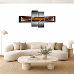 LR Abstract Wall Art Picture – Orange, Black & White Modern Framed 4 Panel Split Canvas Print | Ready to Hang | Modern Wall Art for Living Room, Bedroom & Office