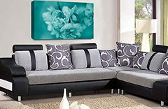 LR Floral Rose Flower Wall Art Picture – Teal & Cream Framed Canvas Print | Ready to Hang | Modern Wall Art for Living Room, Bedroom & Office