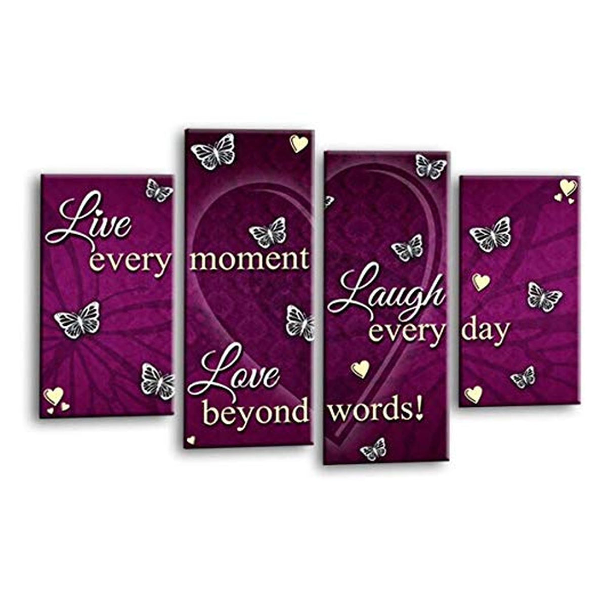 LR Live Laugh Wall Art Picture – Purple & Grey Love Quote Framed 4 Panel Split Canvas Print | Ready to Hang | Modern Wall Art for Living Room, Bedroom & Office