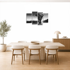 LR Elephant Sunset Wall Art Picture – Grey & White African Framed 4 Panel Split Canvas Print | Ready to Hang | Modern Wall Art for Living Room, Bedroom & Office