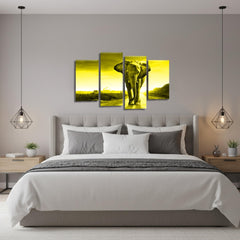LR Elephant Sunset Wall Art Picture – Grey & Yellow African Framed 4 Panel Split Canvas Print | Ready to Hang | Modern Wall Art for Living Room, Bedroom & Office