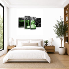 LR Waterfall Green Wall Art Picture – Grey & Forest Framed 4 Panel Split Canvas Print | Ready to Hang | Modern Wall Art for Living Room, Bedroom & Office