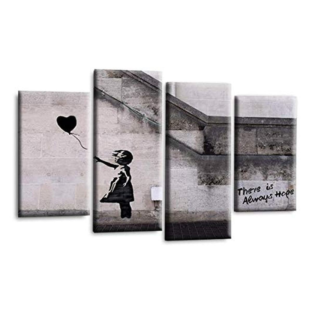 LR Banksy Wall Art Picture – Grey & Black Graffiti Art Framed 4 Panel Split Canvas Print | Ready to Hang | Modern Wall Art for Living Room, Bedroom & Office