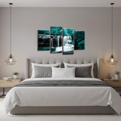 LR Teal Waterfall Wall Art Picture – Black & White Forest Framed 4 Panel Split Canvas Print | Ready to Hang | Modern Wall Art for Living Room, Bedroom & Office