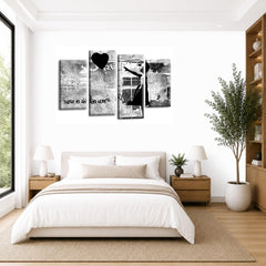 LR Banksy Heart Wall Art Picture – Grey & Black Graffiti Art Framed 4 Panel Split Canvas Print | Ready to Hang | Modern Wall Art for Living Room, Bedroom & Office