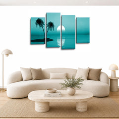 LR Sunset Beach Wall Art Picture – Teal Seascape Framed 4 Panel Split Canvas Print | Ready to Hang | Modern Wall Art for Living Room, Bedroom & Office