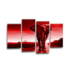 LR Elephant Sunset Wall Art Picture – Grey & Red African Framed 4 Panel Split Canvas Print | Ready to Hang | Modern Wall Art for Living Room, Bedroom & Office