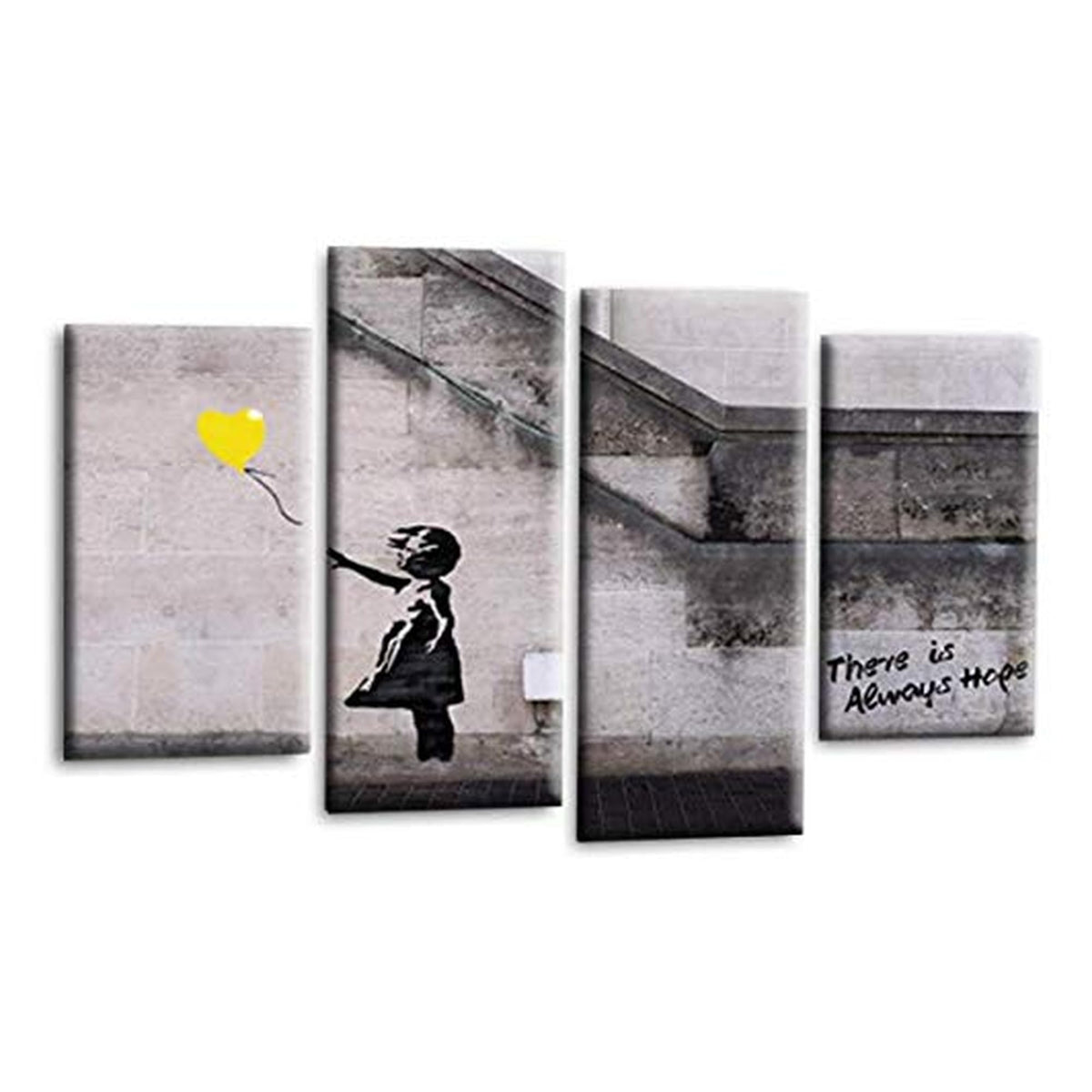 LR Banksy Wall Art Picture – Grey & Yellow Graffiti Art Framed 4 Panel Split Canvas Print | Ready to Hang | Modern Wall Art for Living Room, Bedroom & Office