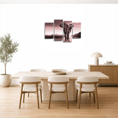 LR Elephant Sunset Wall Art Picture – Grey & Pink African Framed 4 Panel Split Canvas Print | Ready to Hang | Modern Wall Art for Living Room, Bedroom & Office