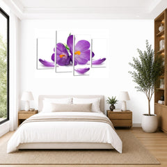 LR Floral Rose Wall Art Picture – Purple & White Framed 4 Panel Split Canvas Print | Ready to Hang | Modern Wall Art for Living Room, Bedroom & Office