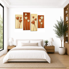 LR Floral Rose Wall Art Picture – Cream & Brown Framed 4 Panel Split Canvas Print | Ready to Hang | Modern Wall Art for Living Room, Bedroom & Office