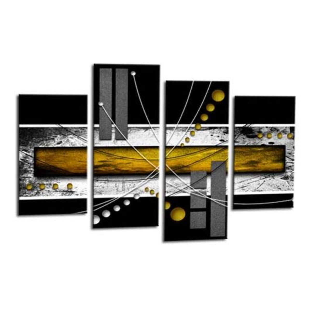 LR Black White Abstract Wall Art Picture – Yellow & Modern Framed 4 Panel Split Canvas Print | Ready to Hang | Modern Wall Art for Living Room, Bedroom & Office