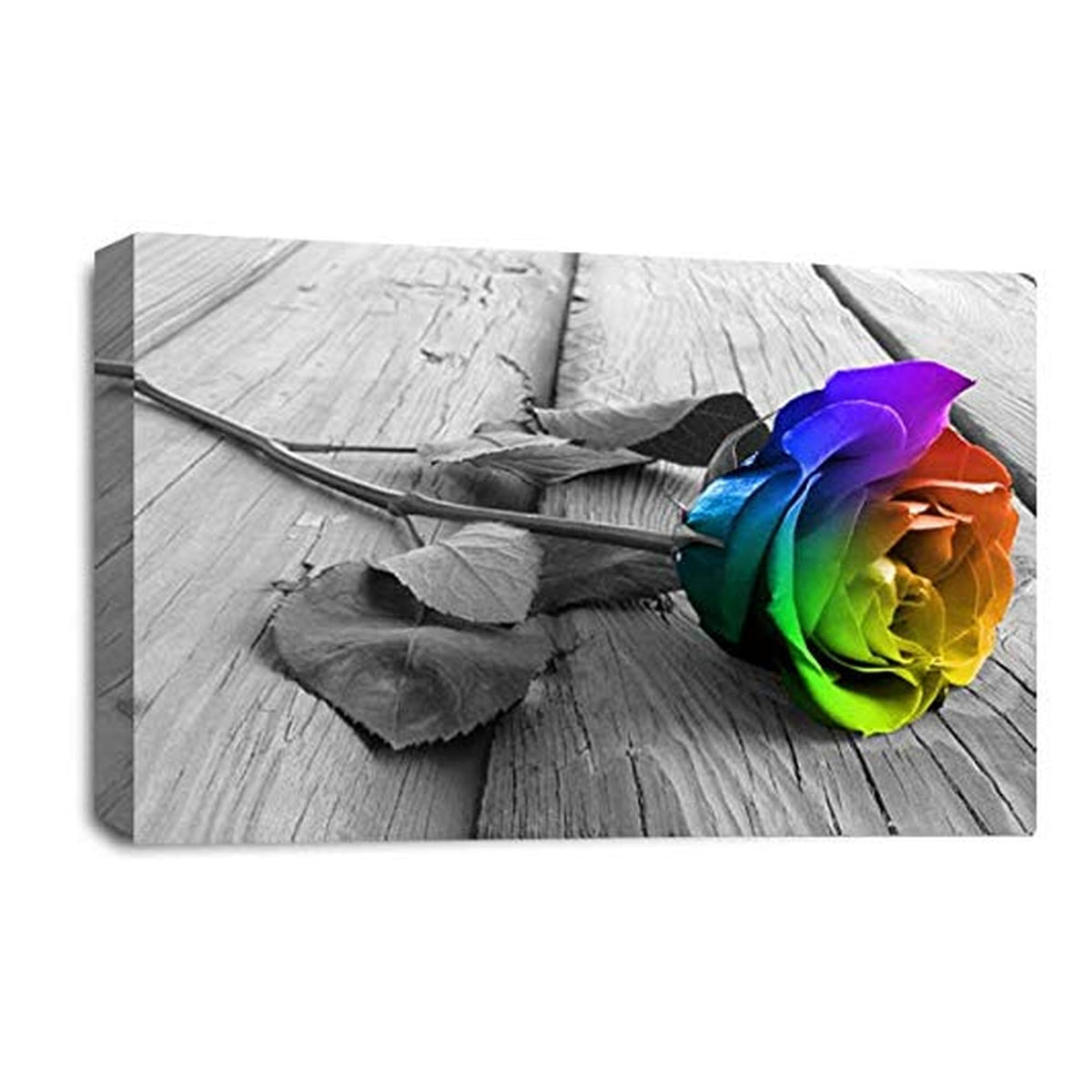 LR Floral Rainbow Rose Wall Art Picture – Grey, White Framed Canvas Print | Ready to Hang | Modern Wall Art for Living Room, Bedroom & Office