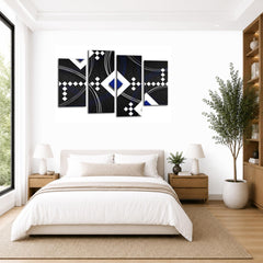 LR Abstract Wall Art Picture – Blue, Black & White Modern Framed 4 Panel Split Canvas Print | Ready to Hang | Modern Wall Art for Living Room, Bedroom & Office
