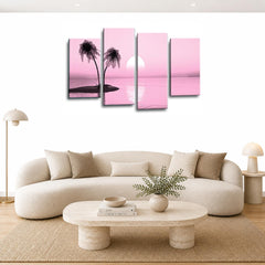 LR Sunset Beach Wall Art Picture – Pink Seascape Framed 4 Panel Split Canvas Print | Ready to Hang | Modern Wall Art for Living Room, Bedroom & Office