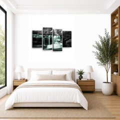 LR Waterfall Wall Art Picture – Grey, White & Duck Egg Forest Framed 4 Panel Split Canvas Print | Ready to Hang | Modern Wall Art for Living Room, Bedroom & Office